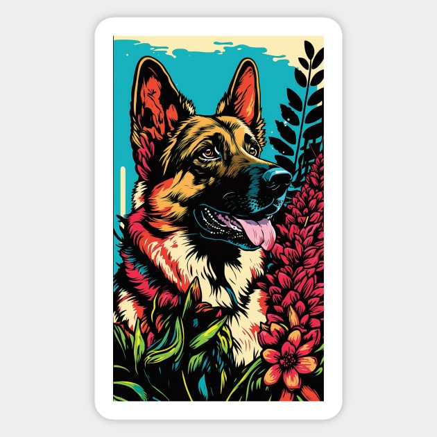 German Shepherd Dog Vibrant Tropical Flower Tall Retro Vintage Digital Pop Art Portrait Sticker by ArtHouseFlunky